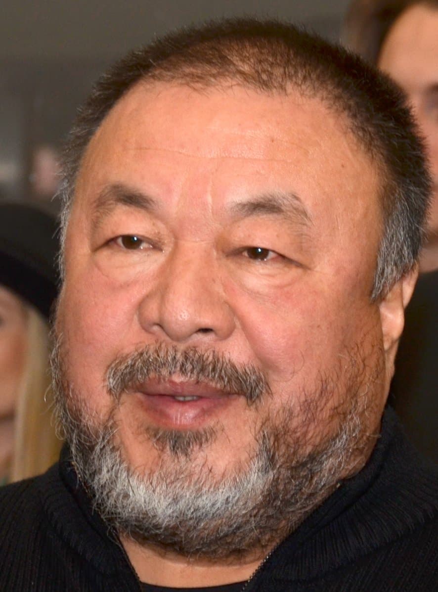 Ai Weiwei in close-up, with short dark hair and a grey beard.