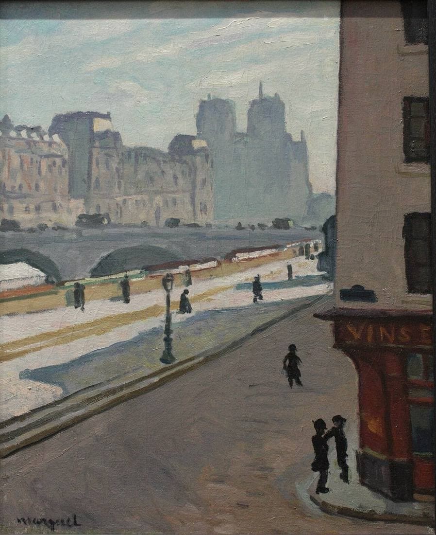 Marquet's Notre-Dame, Sun: the towers of Notre-Dame beyond a bridge and the Seine embankment, in pale sunlight.