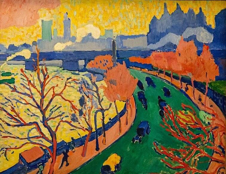 Derain's Charing Cross Bridge: the Thames embankment in bright Fauve colour, with red trees, a green road and a city skyline beyond the river.