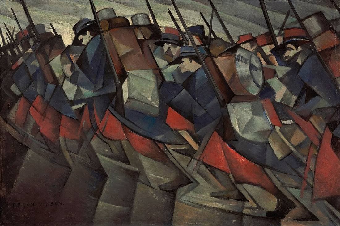 Nevinson's Returning to the Trenches: a column of French soldiers marching with rifles, broken into hard, angular Futurist forms.