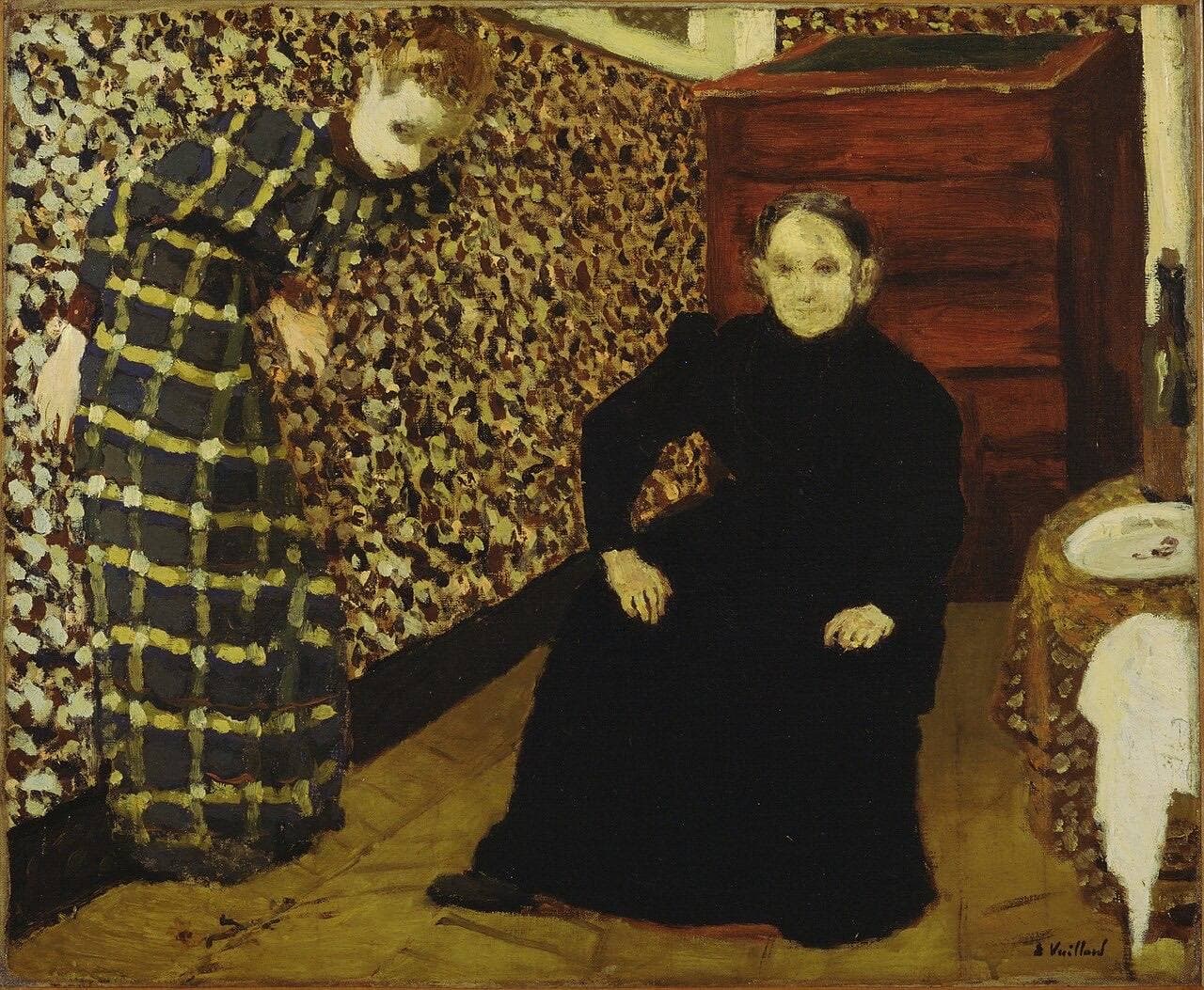 Vuillard's Interior, Mother and Sister of the Artist: his mother seated in black in a patterned room, his sister bending against the wallpaper behind her.