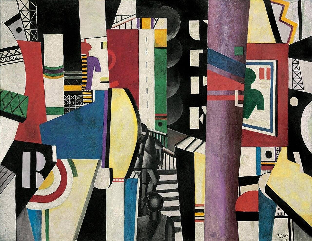 Léger's The City: a crowded composition of flat coloured planes, girders, stencilled letters and robotic figures on a staircase.