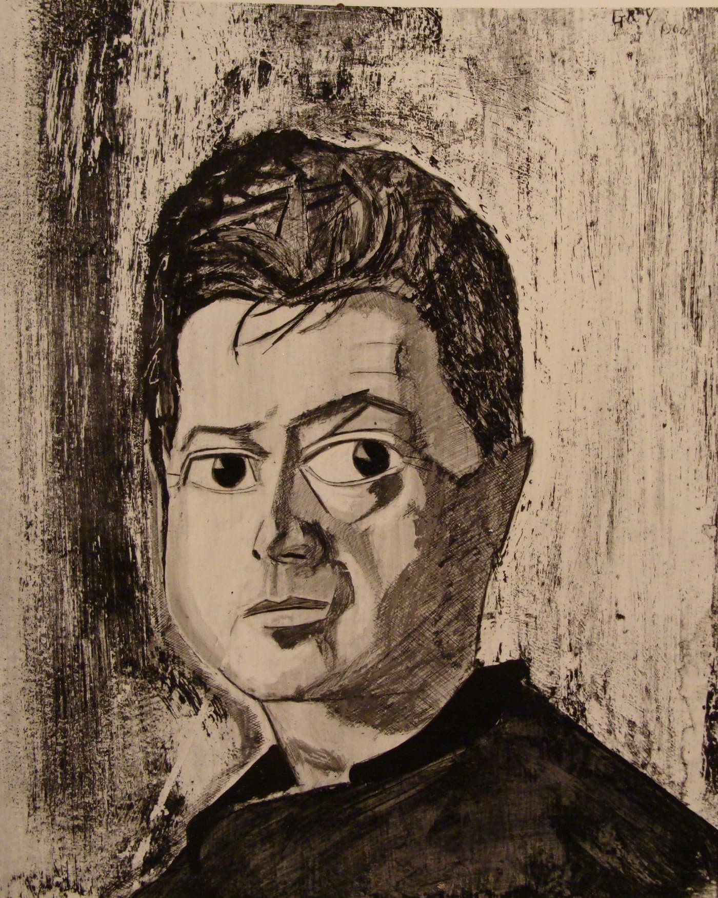 Reginald Gray's portrait of Francis Bacon: the face drawn in dark line on a sepia ground.