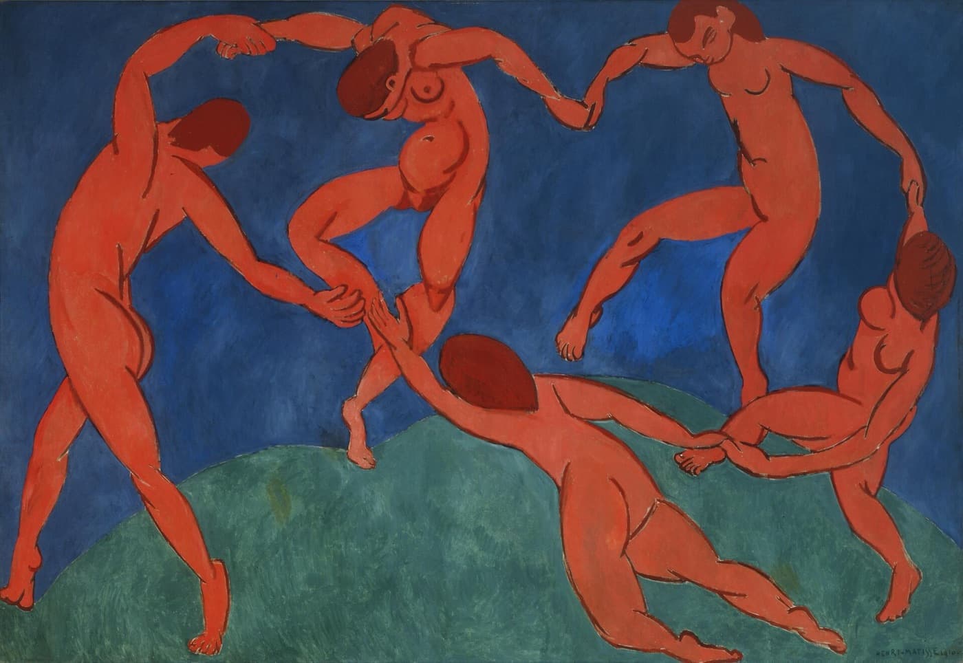 Matisse's Dance, 1910: five red figures holding hands in a ring on a green hill against a deep blue sky.