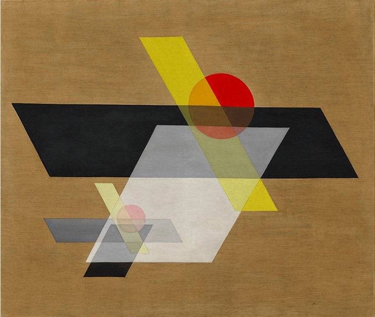 Moholy-Nagy's A II: black, yellow and grey bars and a red circle floating and overlapping on a pale ground.