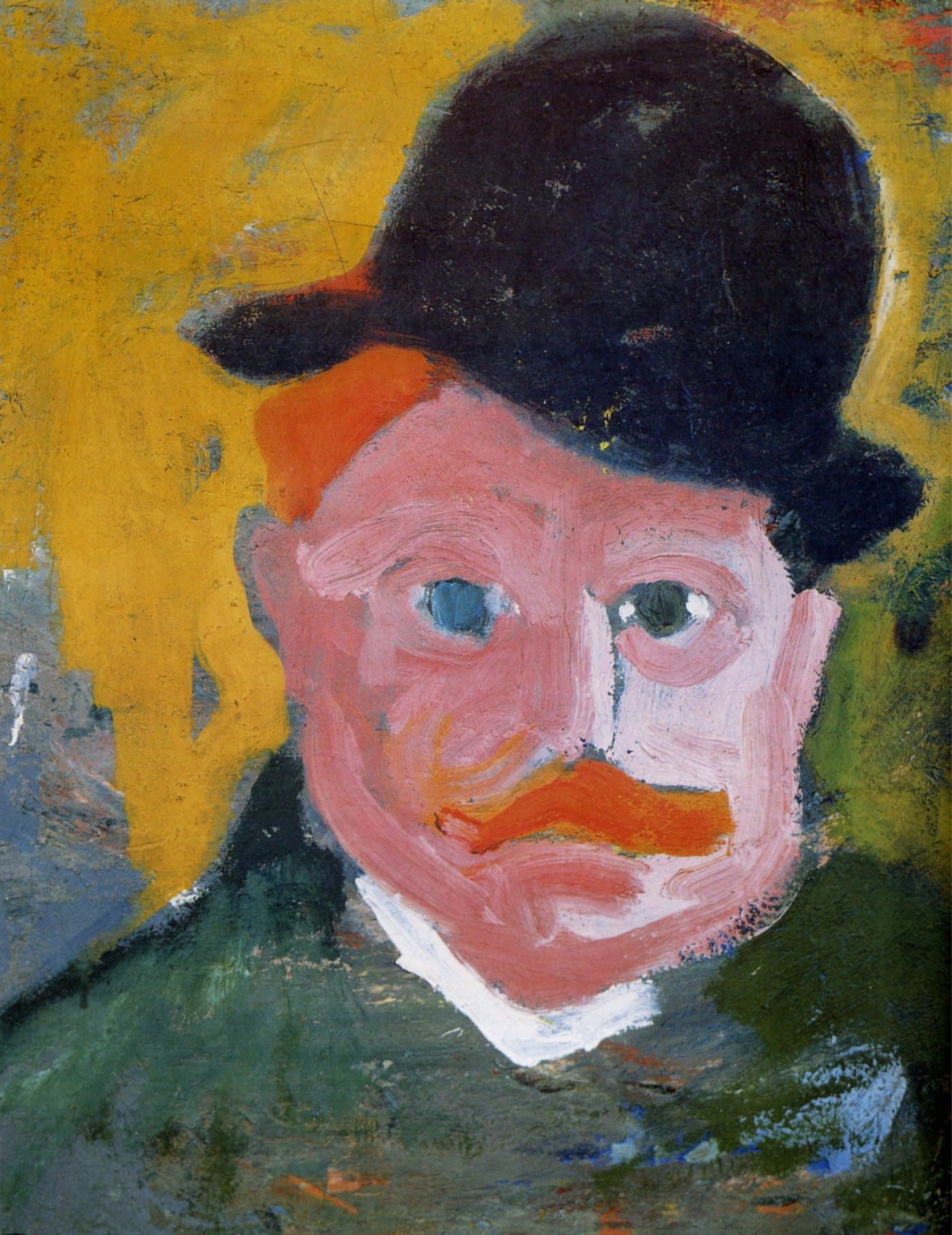A painting of Maurice de Vlaminck in a bowler hat, his face in pink, red and blue.