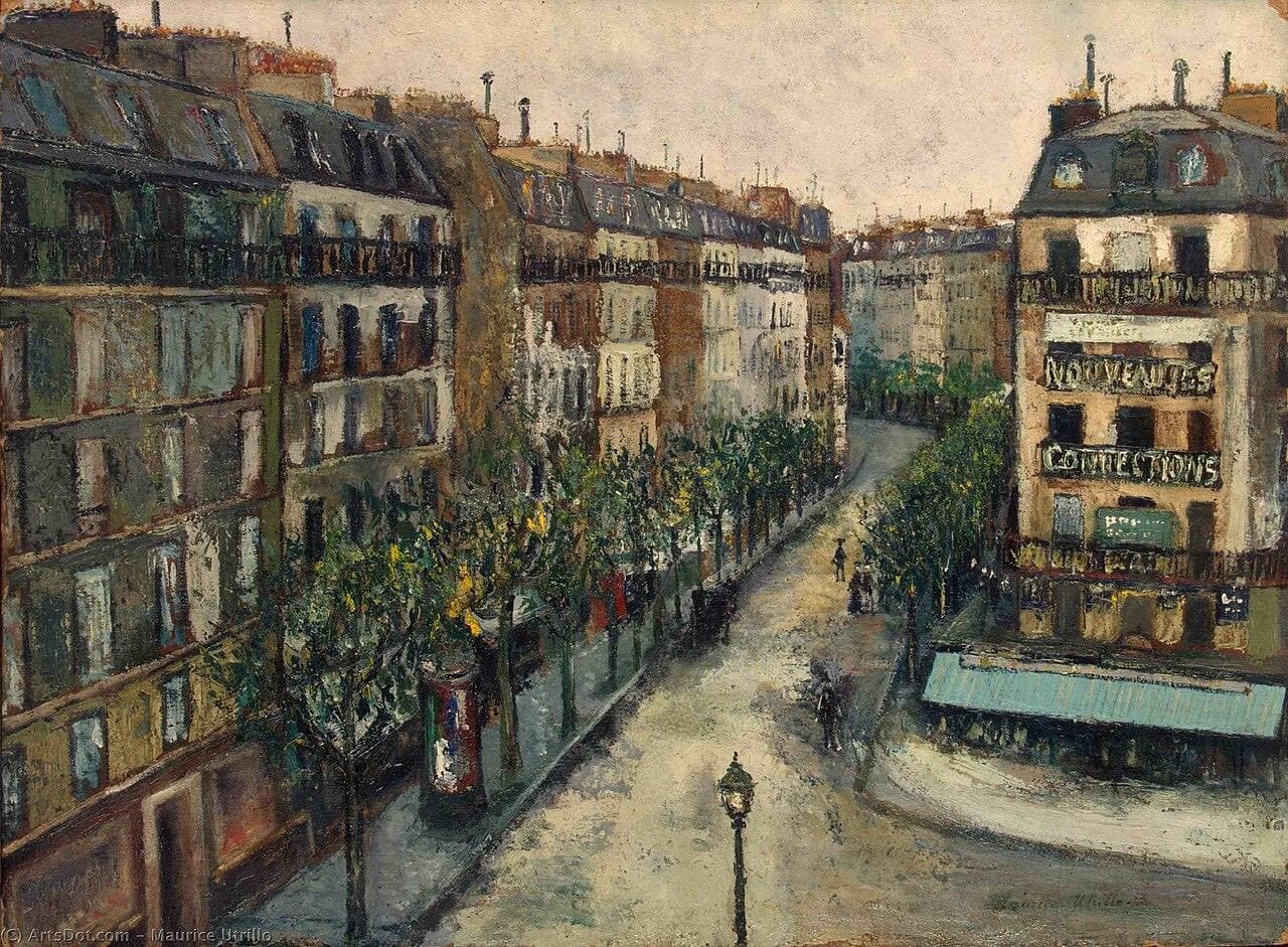 Utrillo's Rue Custine in Montmartre: a Paris street of tall cream and grey buildings, seen from above, with a line of trees.