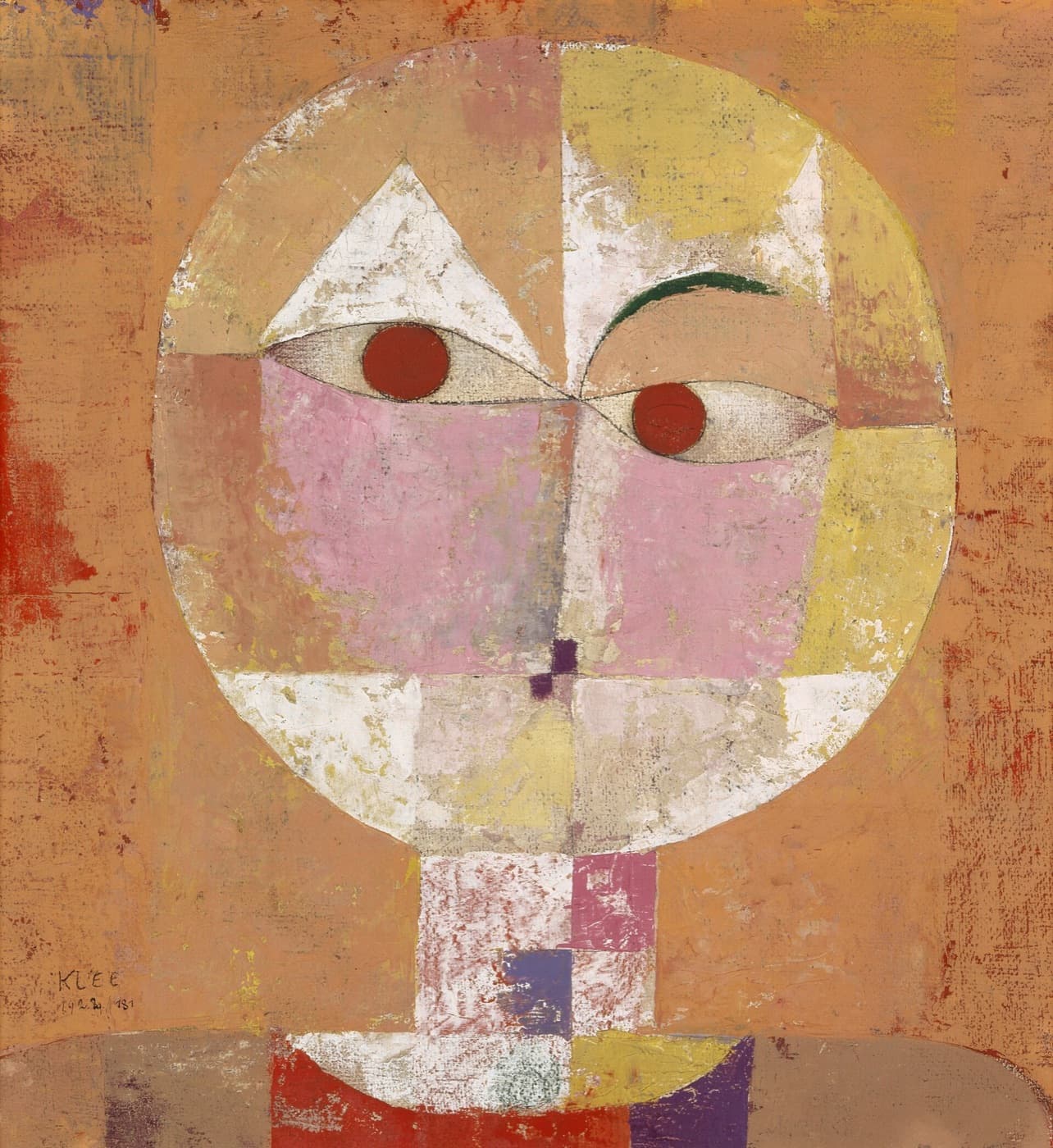 Klee's Senecio, 1922: a round, mask-like face built from squares of orange, pink and yellow, with two red eyes.