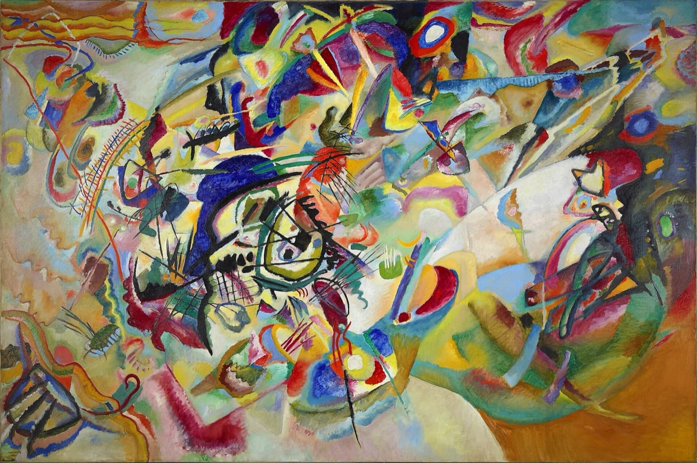 Kandinsky's Composition VII, 1913: a dense abstract surge of colour, line and shape across the whole canvas.