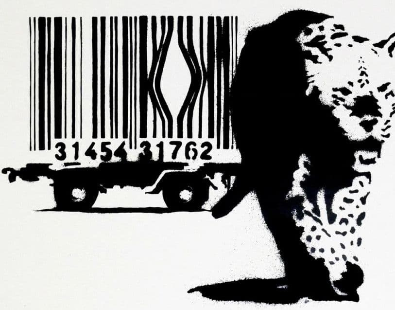 Banksy, Barcode, 2004, screenprint: a leopard stepping out of a cage made from a barcode on a trailer