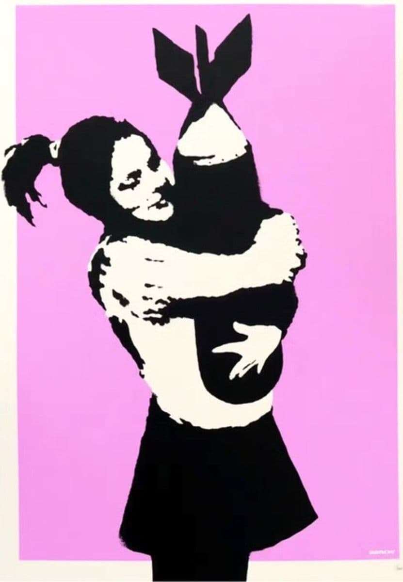Banksy, Bomb Hugger, 2003, screenprint: a girl hugging a bomb, in black and white on a pink ground