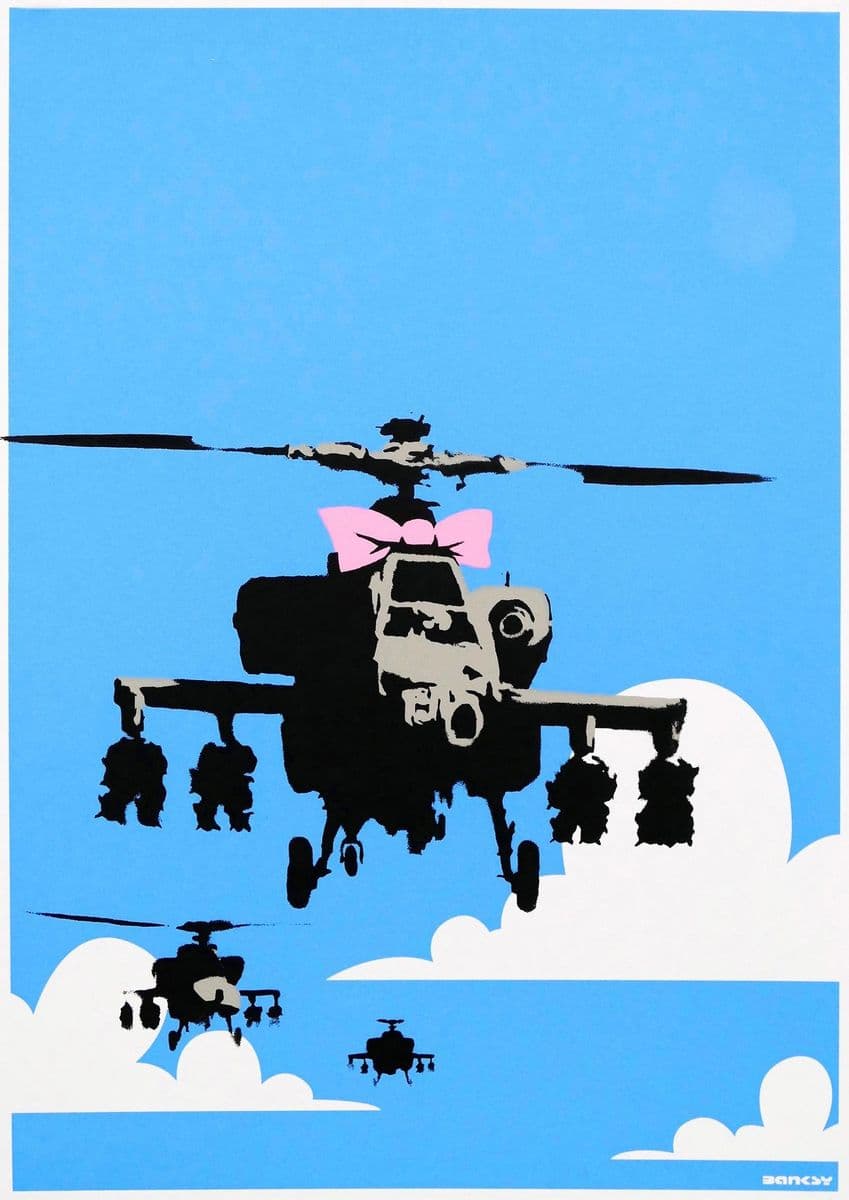 Banksy, Happy Choppers, 2003, screenprint: attack helicopters, the lead one wearing a pink bow, against a blue sky