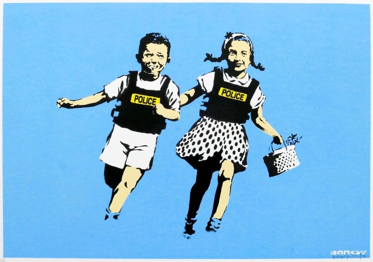 Banksy, Jack and Jill (Police Kids), 2005, screenprint: two children in police vests running hand in hand, on a blue ground
