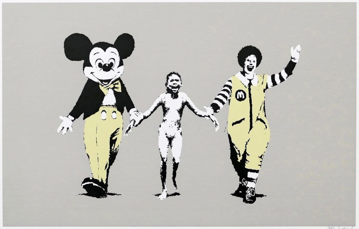 Banksy, Napalm, 2004, screenprint: the girl from the Vietnam War napalm photograph led by Mickey Mouse and Ronald McDonald