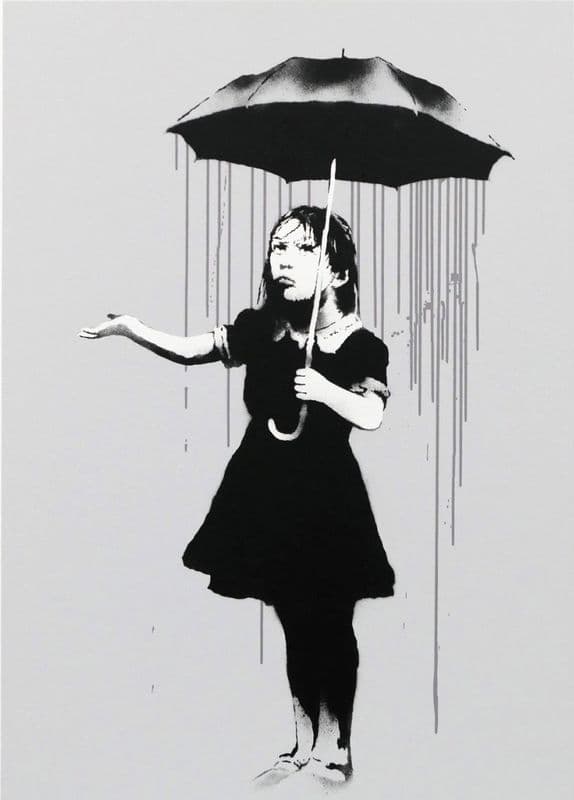 Banksy, Nola (Grey Rain), 2008, signed screenprint of a girl holding an umbrella with grey rain falling only beneath it
