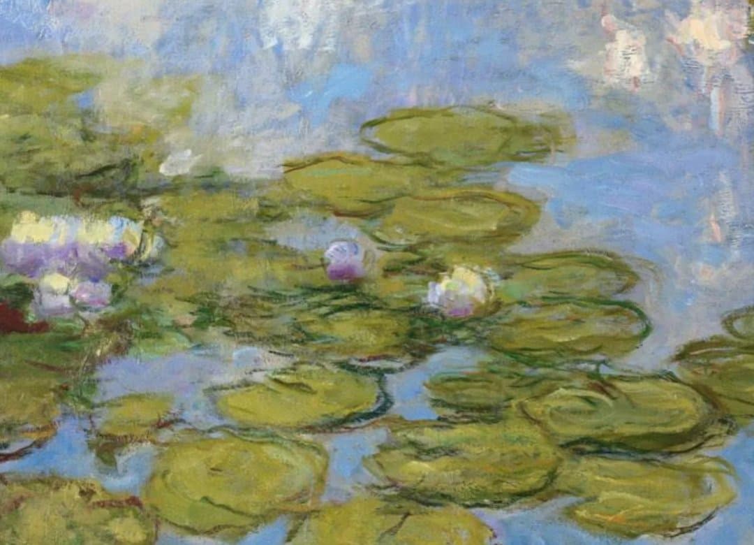Impressionist oil painting of water lilies on a pond