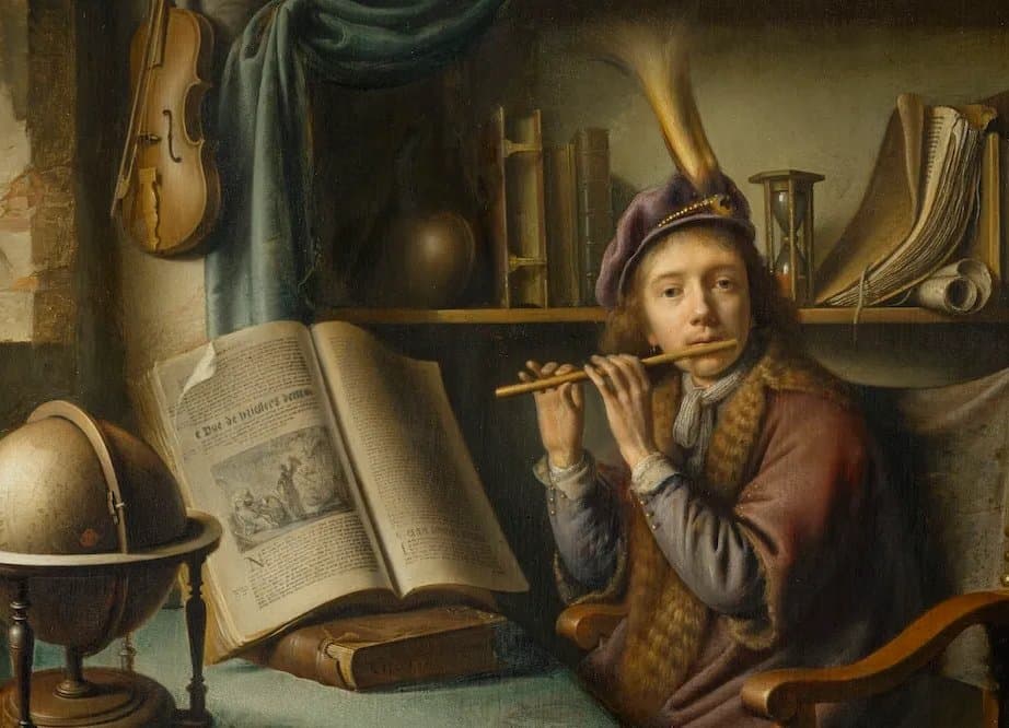 Seventeenth-century oil painting of a young flute player in a study