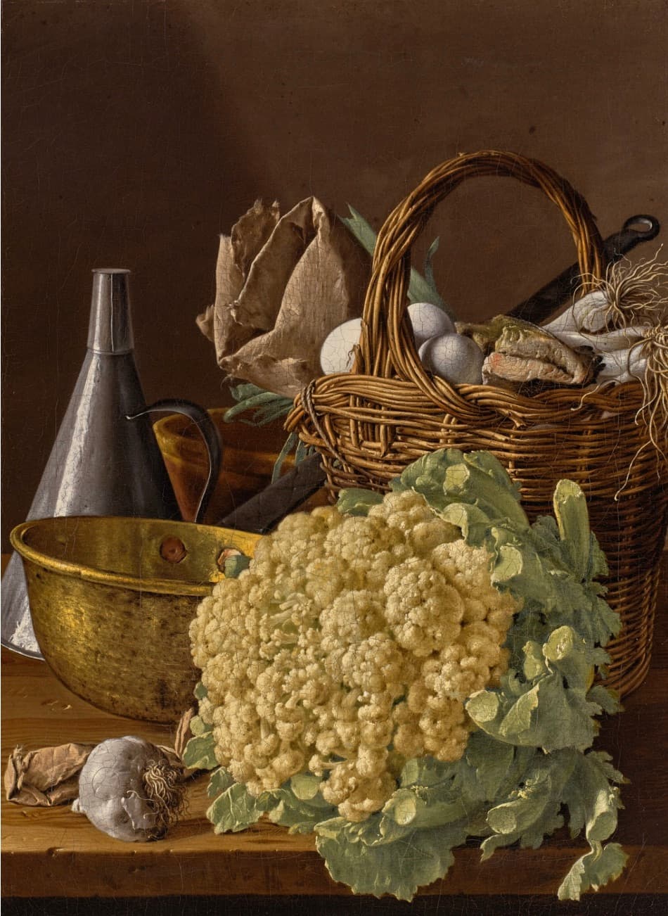 Luis Meléndez still life: a cauliflower, a basket of eggs and a brass bowl on a wooden table