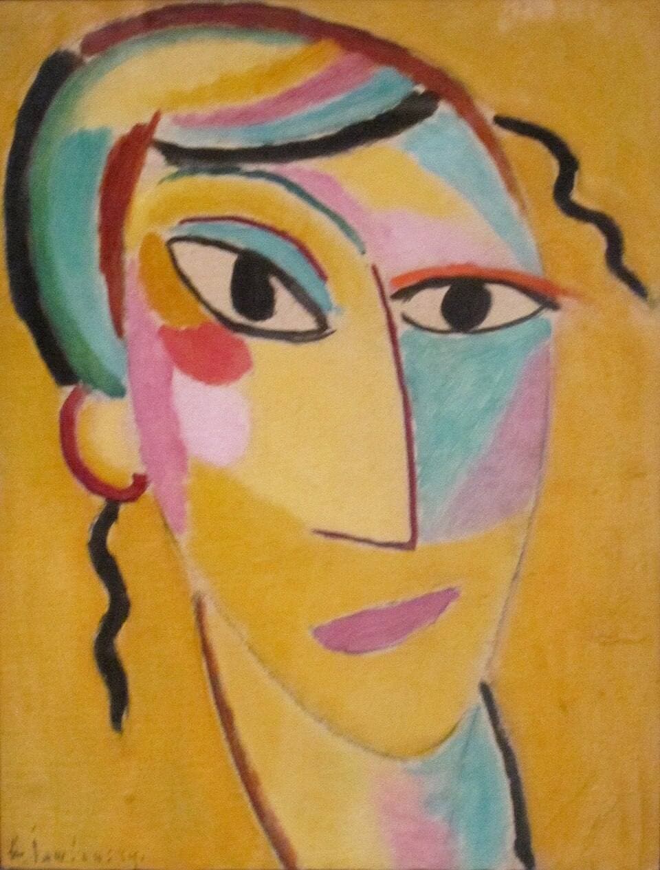 Jawlensky's Head G. II: a simplified face in patches of yellow, pink and blue, with large dark eyes and dark strands of hair.
