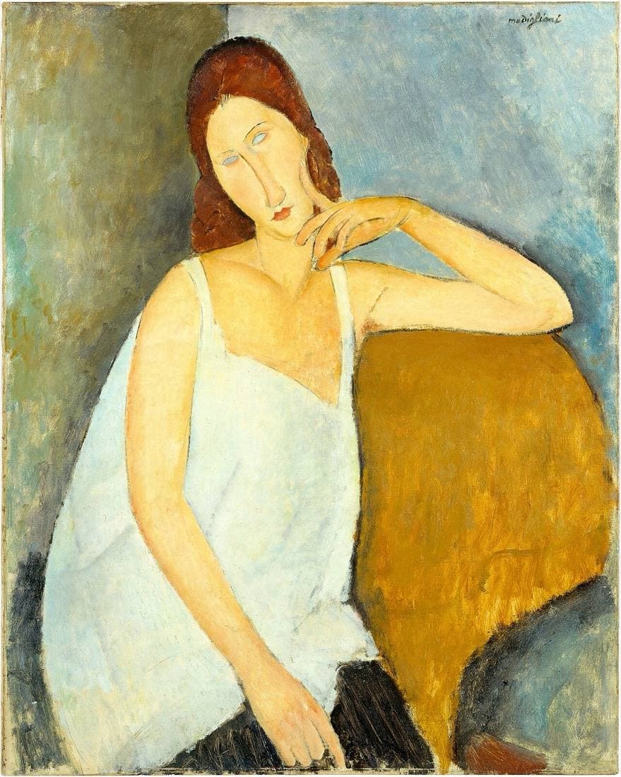 Modigliani's Jeanne Hébuterne: a young woman with a long neck and auburn hair, in a pale shift, seated with her hand against her cheek.