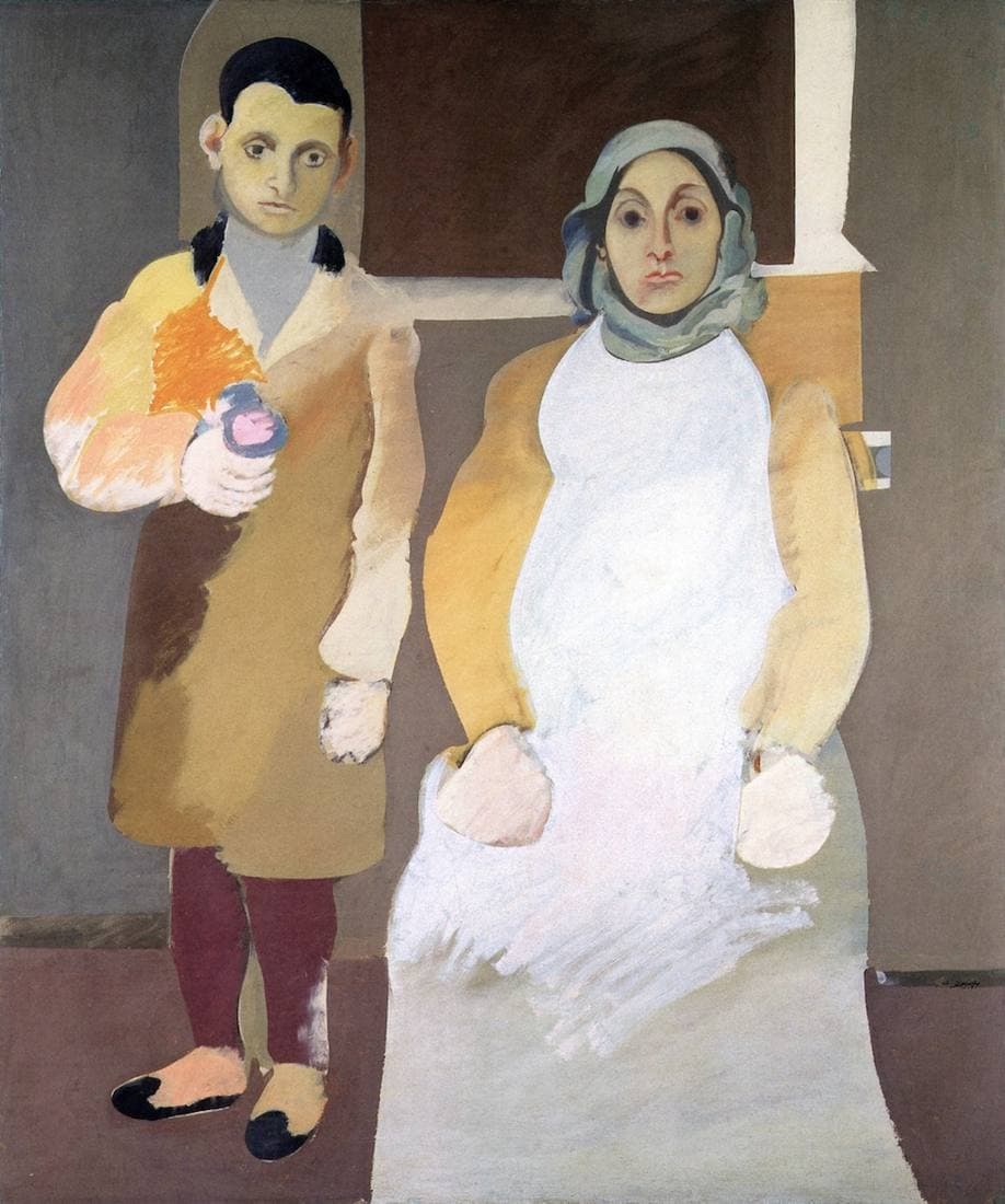 Gorky's The Artist and His Mother: the young artist stands beside his seated mother, both looking out, painted from a childhood photograph.