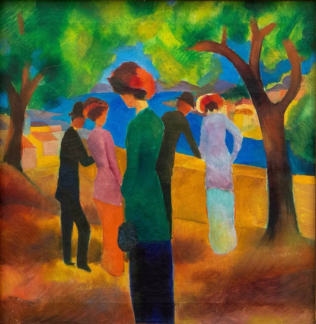 Macke's Lady in a Green Jacket: a woman in a green jacket stands among strolling couples under trees by a lake.