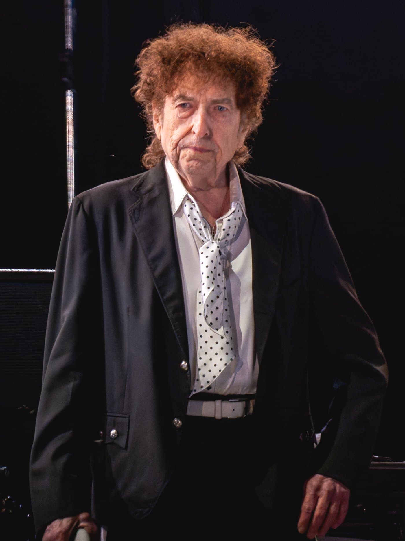 Bob Dylan with a mass of curly hair, in a dark jacket and a polka-dot scarf.