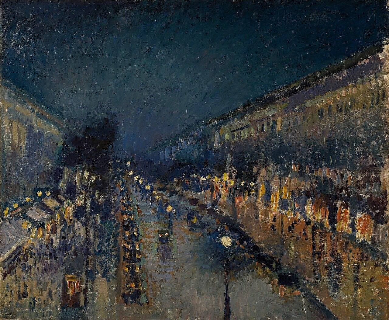 Pissarro's The Boulevard Montmartre at Night: a wet Paris boulevard after dark, lit by rows of street lamps and shop windows.