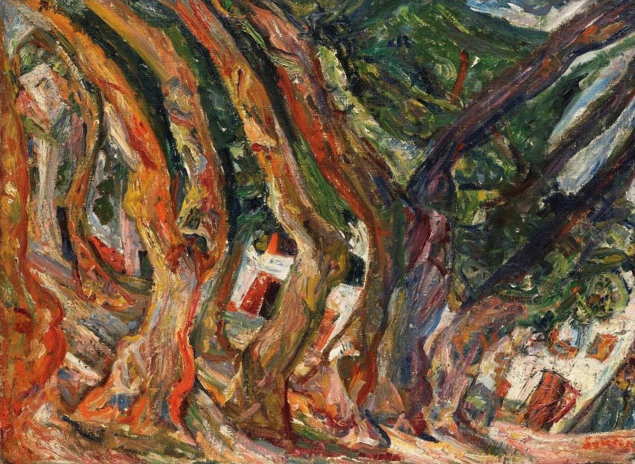 Soutine's Les Platanes à Céret: twisting plane trees painted in thick, agitated strokes of green, red and orange.