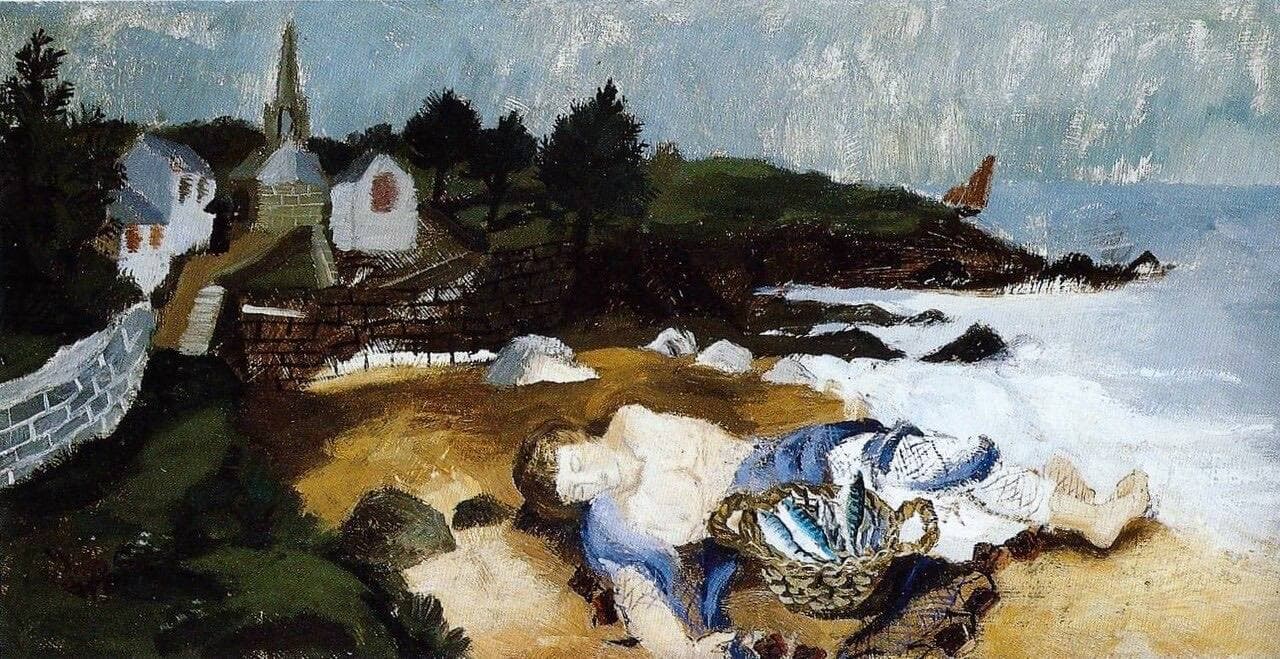 Wood's Sleeping Fisherman, Ploaré: a fisherman asleep on a headland above a rocky Breton shore, with white houses and a church behind.