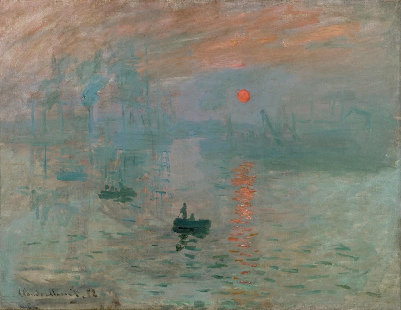 Monet's Impression, Sunrise, 1872: the harbour at Le Havre in blue morning haze, with an orange sun and its reflection above small rowing boats.
