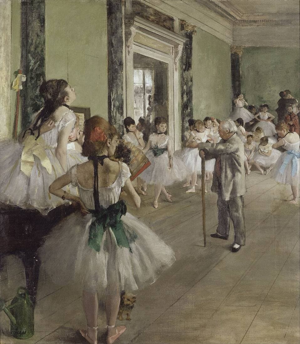 Degas's The Dance Class: young dancers in white tutus gather in a rehearsal room around an old ballet master leaning on a cane.