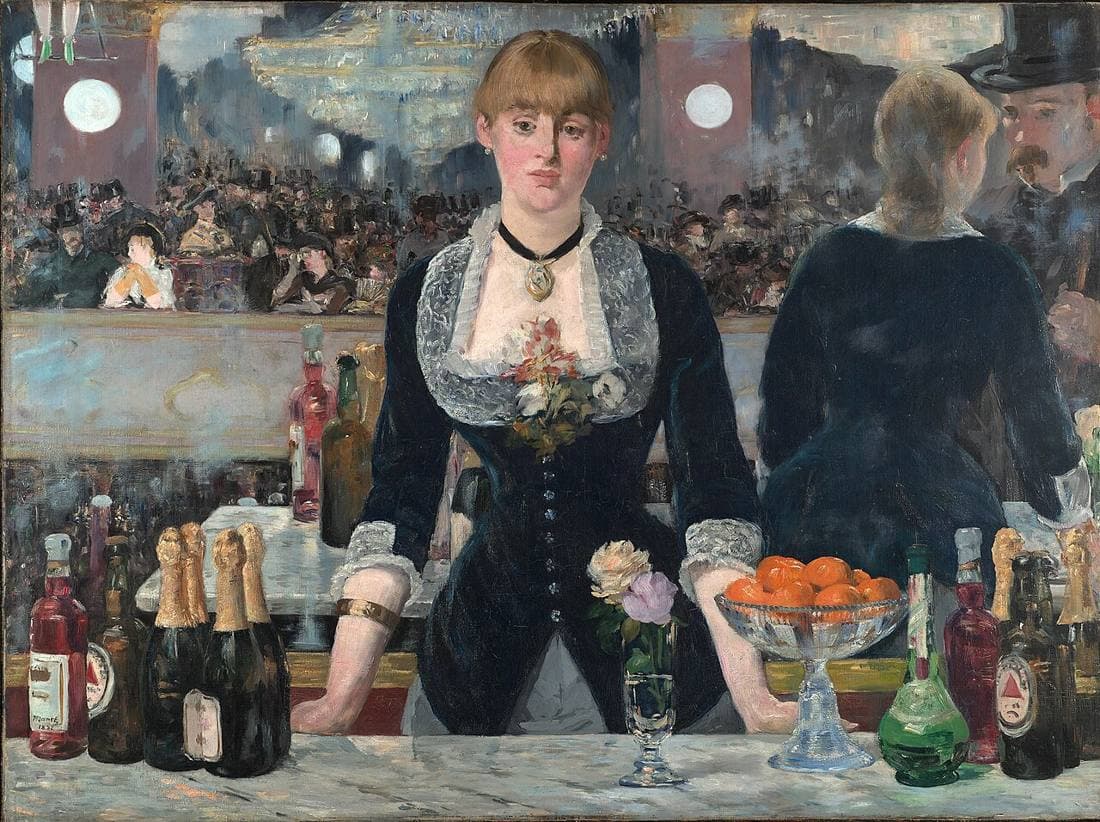 Manet's A Bar at the Folies-Bergère: a barmaid stands behind a marble counter of bottles and oranges, with the crowded hall reflected in the mirror behind her.