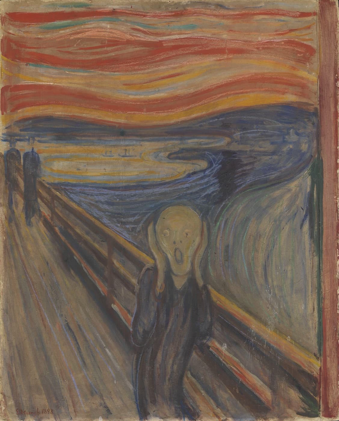 Munch's The Scream, 1893: a figure on a bridge clutching its face beneath a swirling orange and red sky.
