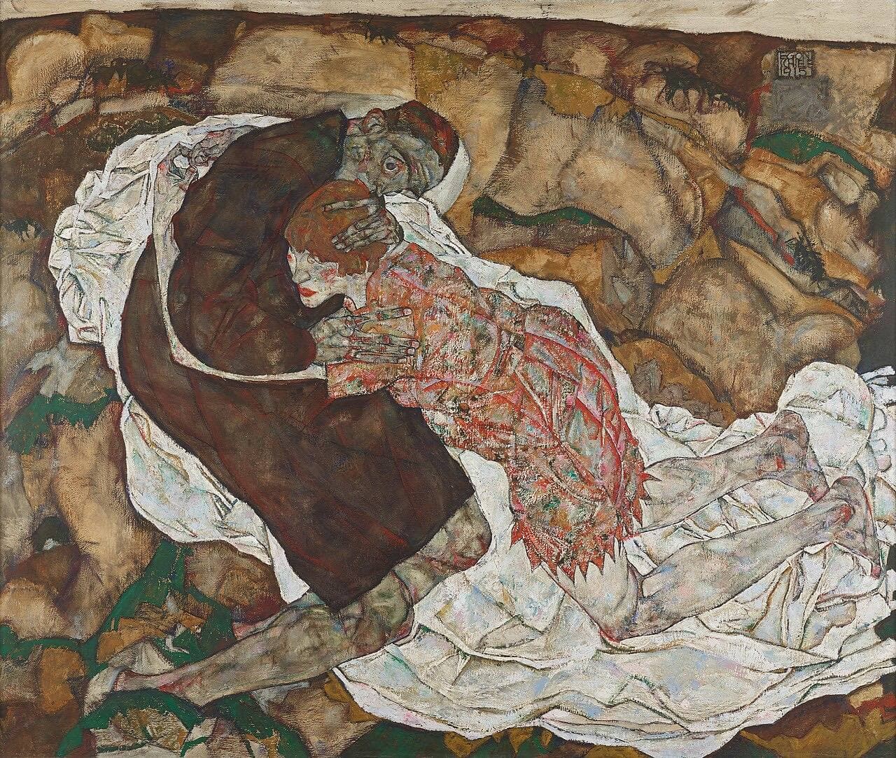 Schiele's Death and the Maiden: a man and a woman locked in an embrace on a white cloth, in a rocky, earth-coloured landscape.