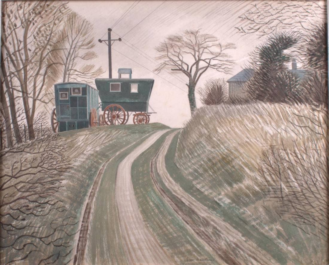 Ravilious's Caravans: two showmen's caravans parked by a curving country road in winter, under pale trees and a telegraph pole.
