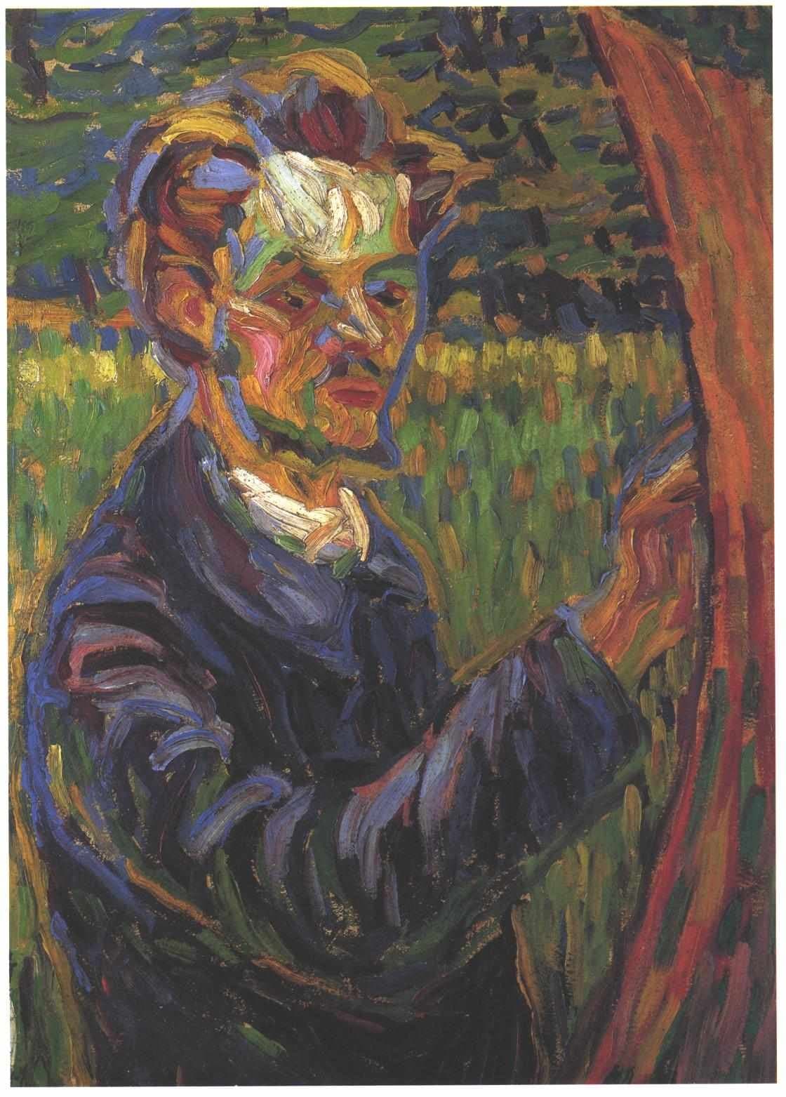 A painting of Erich Heckel at an easel, in bright strokes of green, orange and blue.