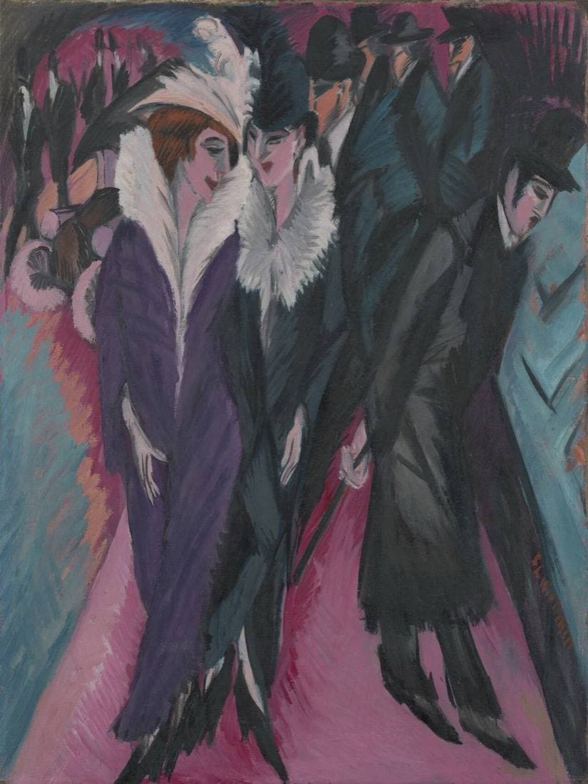 Kirchner's Street, Berlin: two women in feathered hats and fur-trimmed coats walk among dark-suited men on a pink pavement.