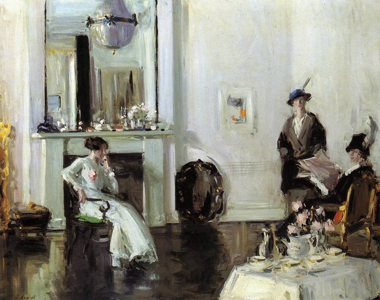 Cadell's Afternoon: elegant women taking tea in a pale drawing room with a marble fireplace.