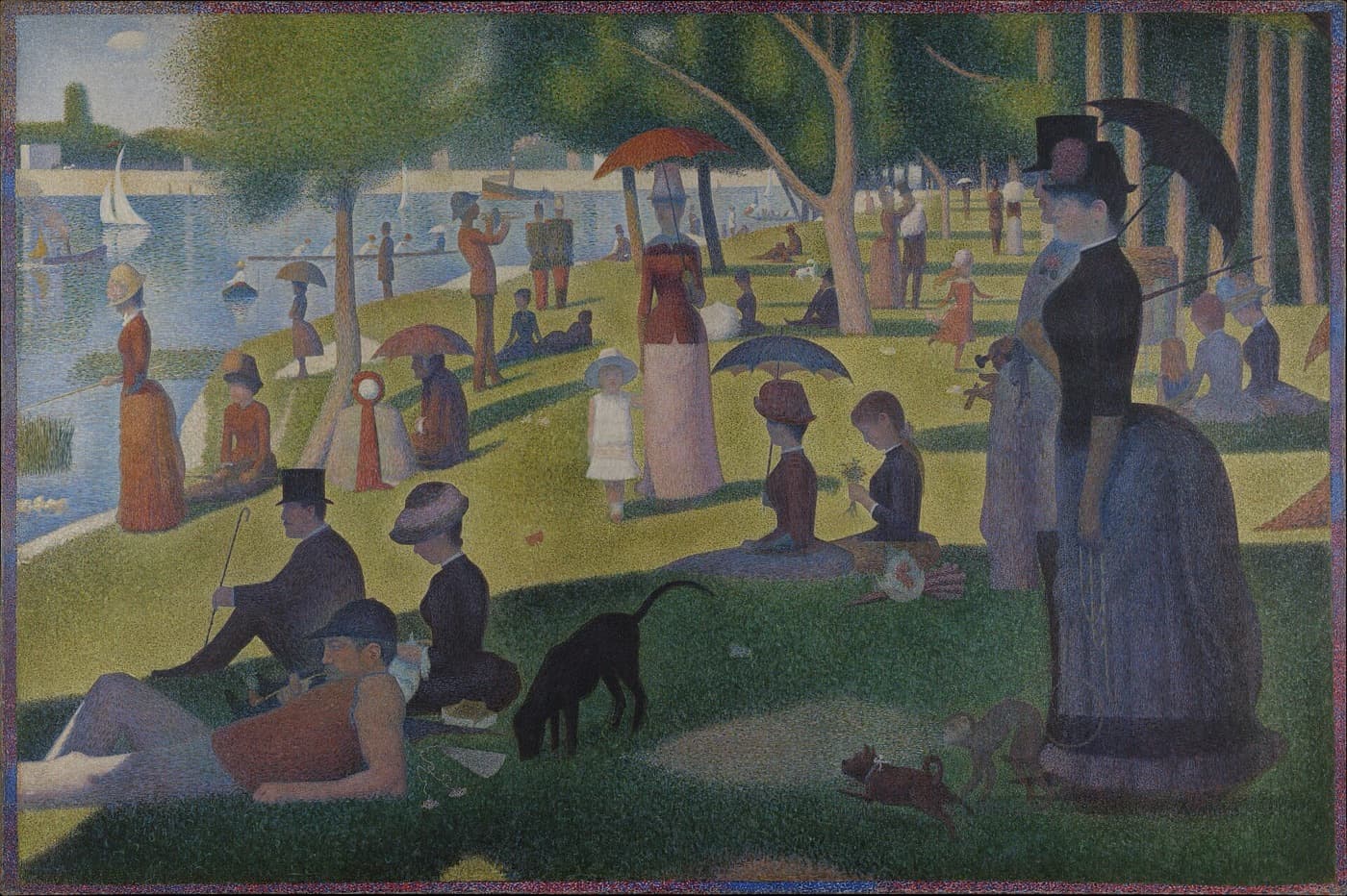 Seurat's A Sunday on La Grande Jatte: Parisians strolling and resting on a riverbank island in the Seine, painted in small touches of colour.