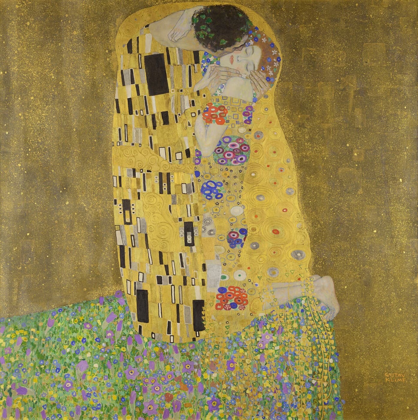 Klimt's The Kiss: two lovers embracing in robes of gold patterned with rectangles and circles, kneeling at the edge of a meadow of flowers.