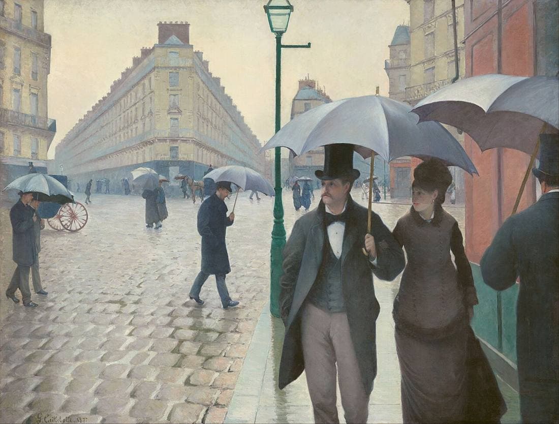 Caillebotte's Paris Street; Rainy Day: a couple under an umbrella walk across a wide, wet Paris crossroads lined with new apartment blocks.