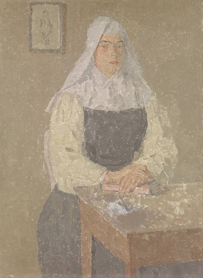 Gwen John's The Nun: a young nun in a white headdress seated with her hands folded, painted in soft, chalky greys and browns.