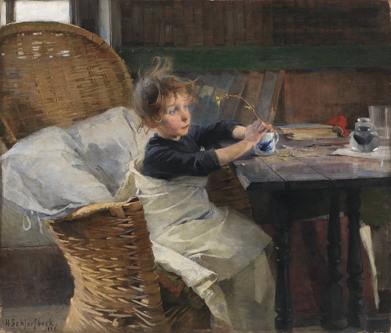 Schjerfbeck's The Convalescent: a small girl wrapped in a blanket in a wicker chair, looking at a sprig of green leaves in a glass.