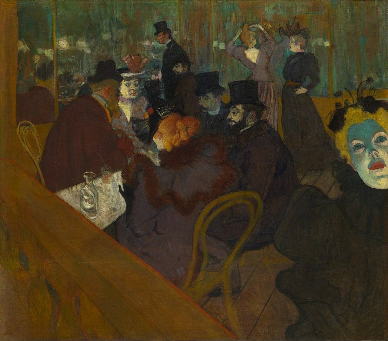Toulouse-Lautrec's At the Moulin Rouge: friends gathered at a table in the nightclub, with a woman's face lit a ghostly green in the foreground on the right.