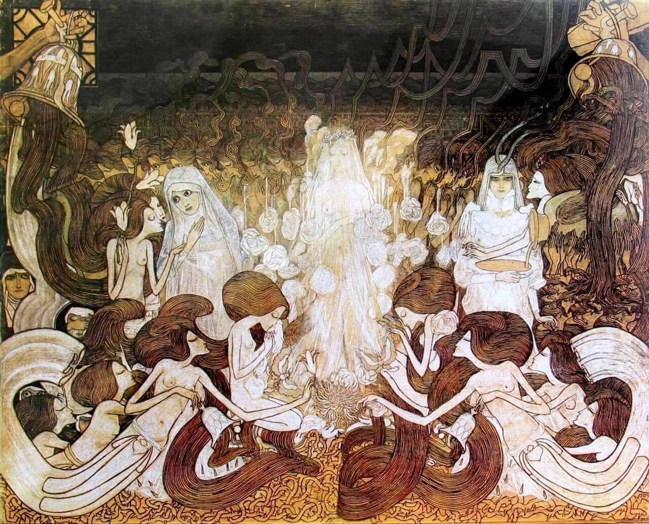Toorop's The Three Brides: three veiled brides surrounded by swirling lines and rows of bell-shaped figures.