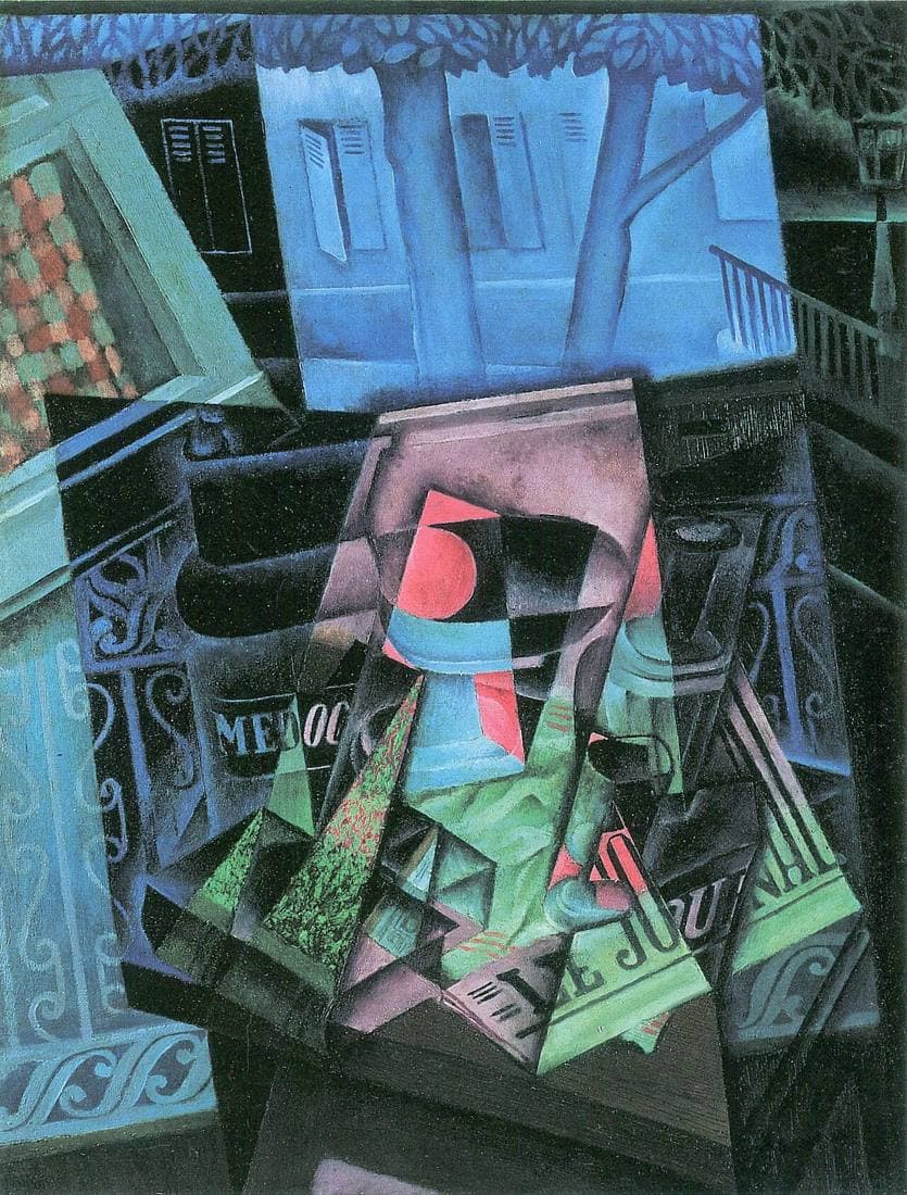 Gris's Still Life before an Open Window, Place Ravignan: a table of bottle, fruit bowl and newspaper broken into Cubist planes, opening onto a blue square outside.