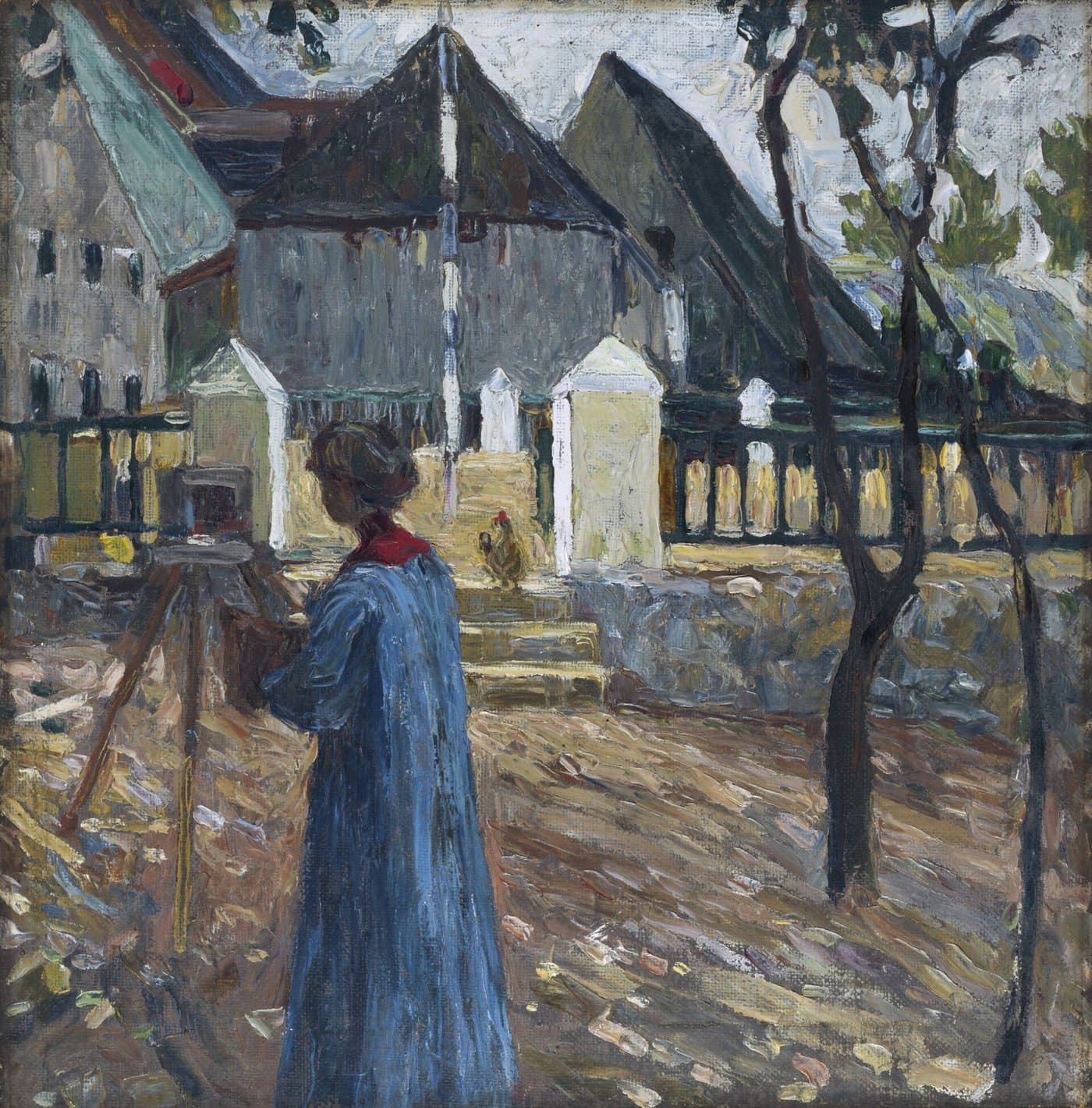 Kandinsky's painting of Gabriele Münter in a long blue coat, painting at an easel outdoors in front of village houses.