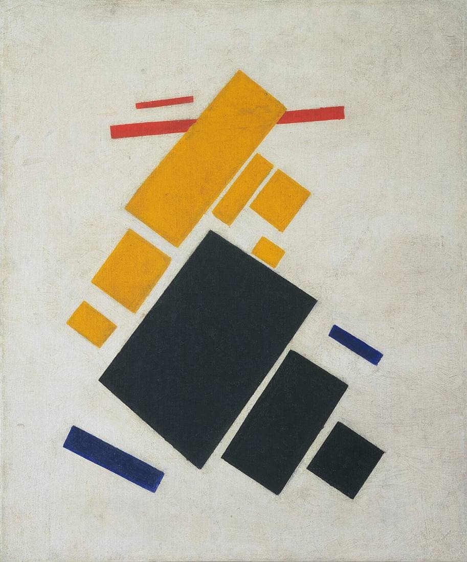 Malevich's Suprematist Composition: Airplane Flying: black, yellow, red and blue rectangles and bars floating diagonally on a white ground.