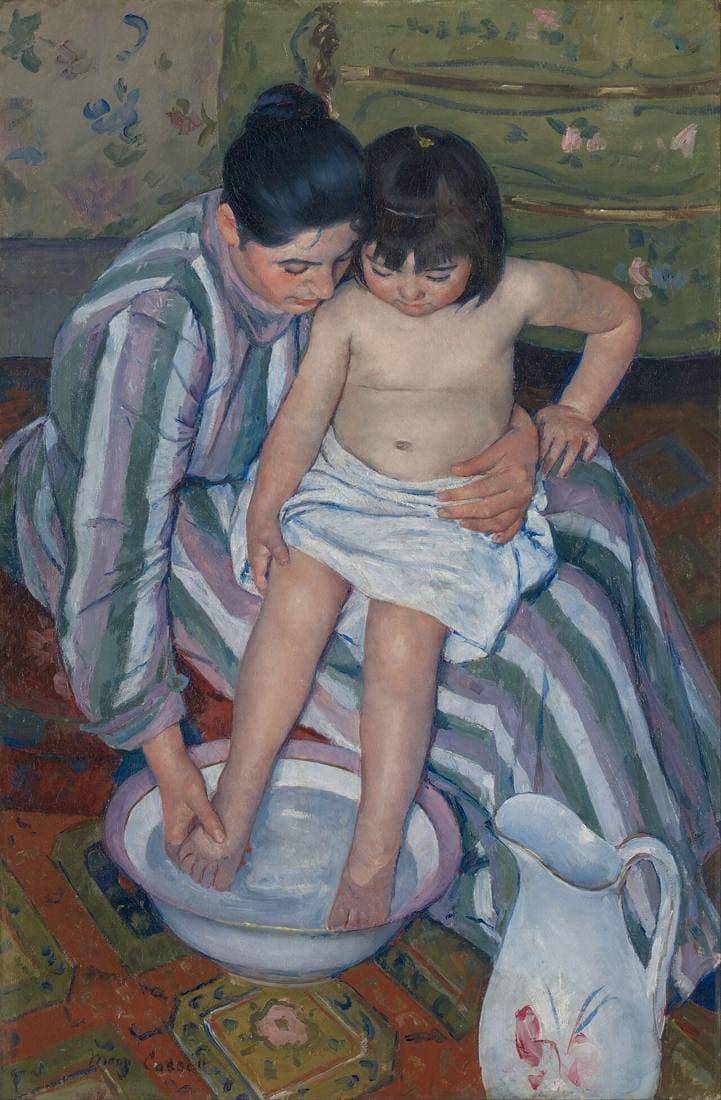 Cassatt's The Child's Bath: a woman in a striped dress washes the feet of a small child on her lap, beside a jug and basin.